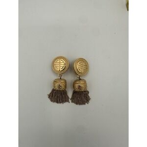 Vintage Gold Tone Studding Givenchy Logo Short Tassel Clip On Earrings